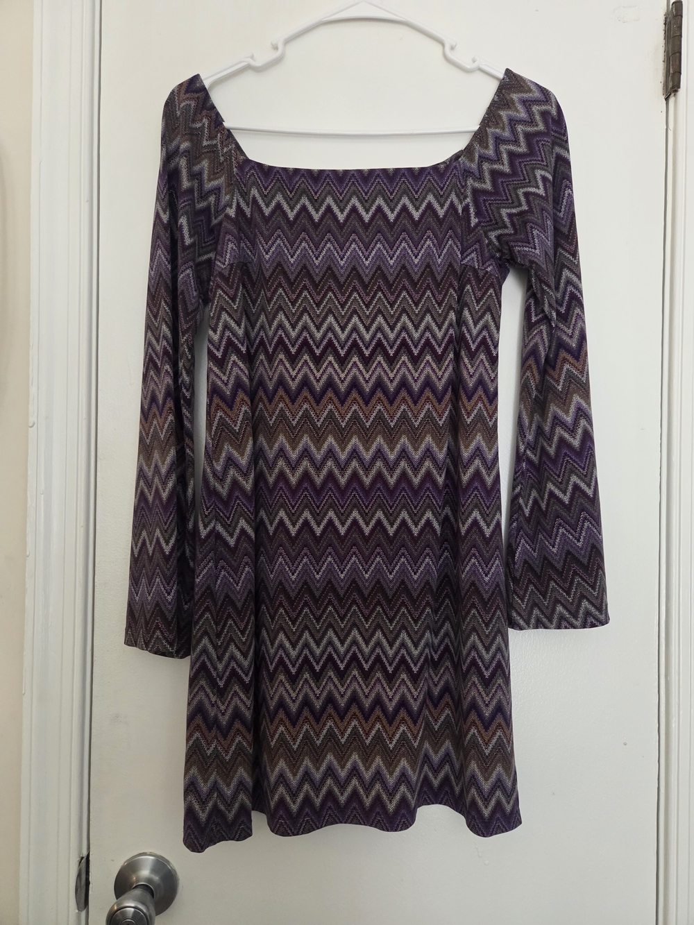 As U Wish Purple Chevron Metallic Knit Bell Sleeve Mini Dress Size S 70s Boho